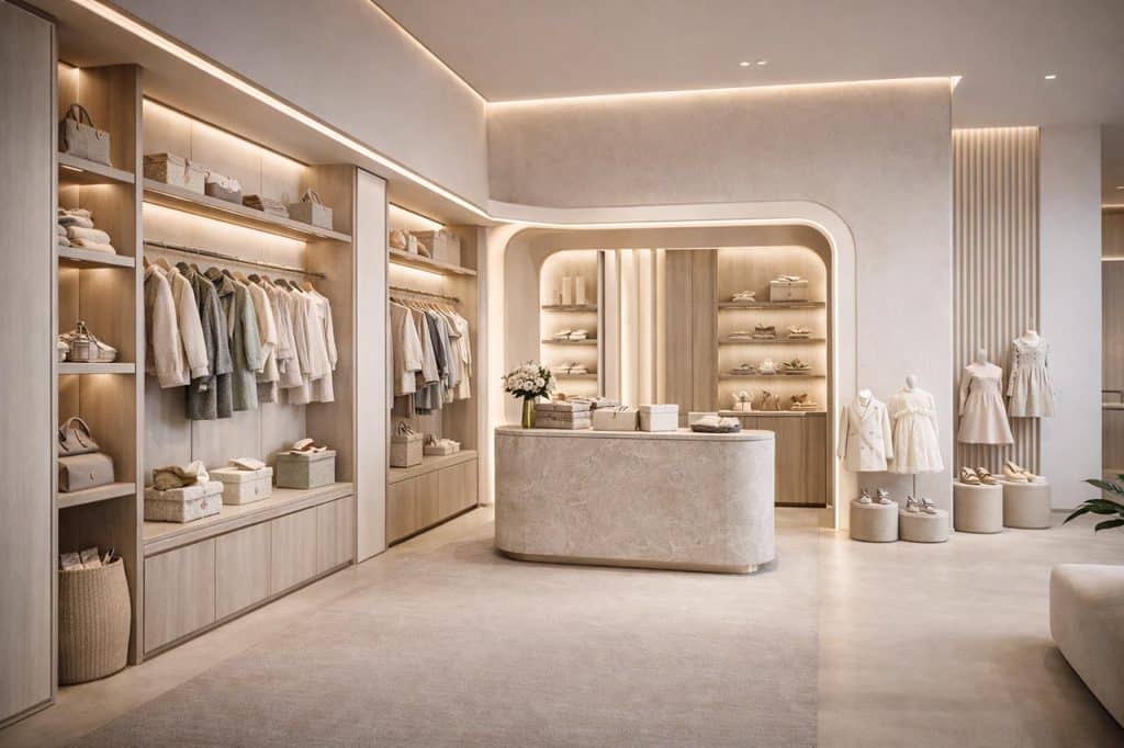Interior de la tienda de ropa infantil con estanterías iluminadas y mostrador curvo