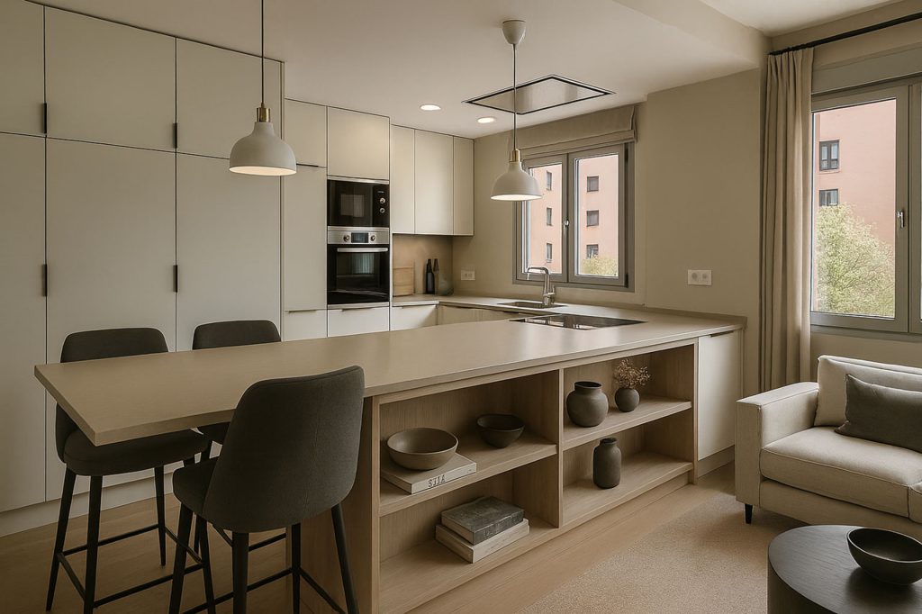 Cocina con isla y zona de estar junto a la ventana en el apartamento del paseo de los Melancólicos