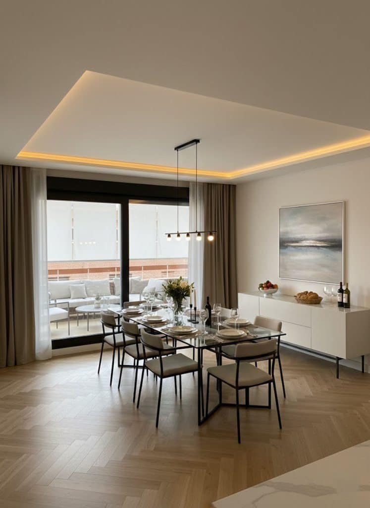 Comedor junto al ventanal con techo de luz indirecta en el dúplex de Pío XII