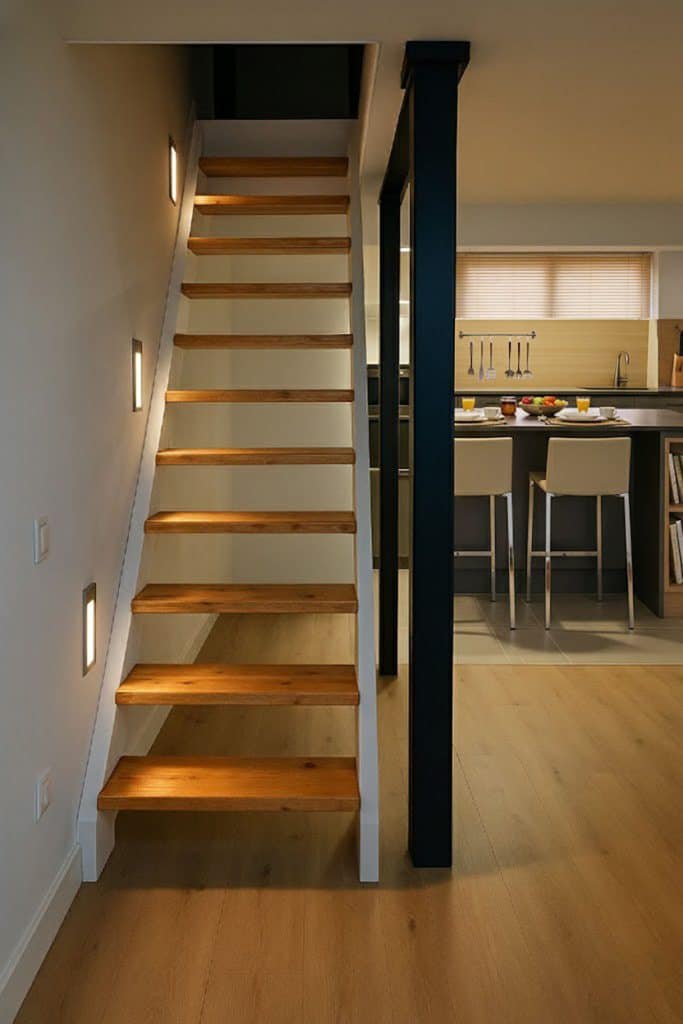 Escalera de peldaños de madera junto a la pared en el adosado de Fuencarral