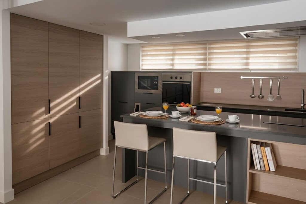 Cocina con isla y comedor en la planta baja reformada