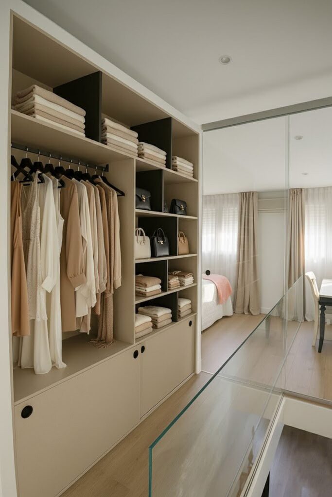 Vestidor con puertas correderas de vidrio en la planta alta