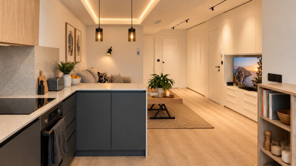 Cocina abierta con península gris y salón al fondo en el apartamento de Sanchinarro
