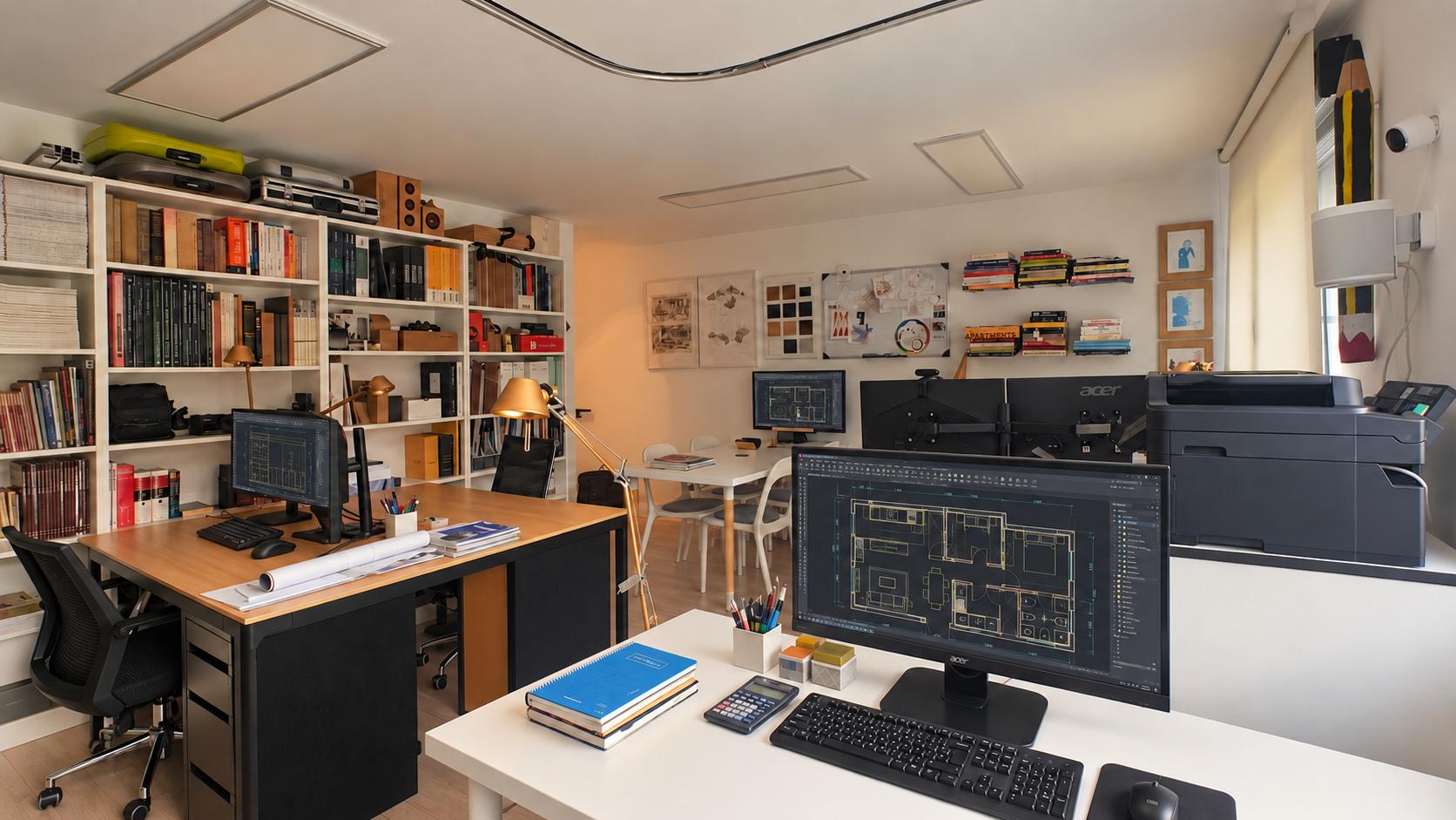 Despacho del estudio con librerías y mesas de trabajo con ordenadores en la casa-estudio de Las Matas