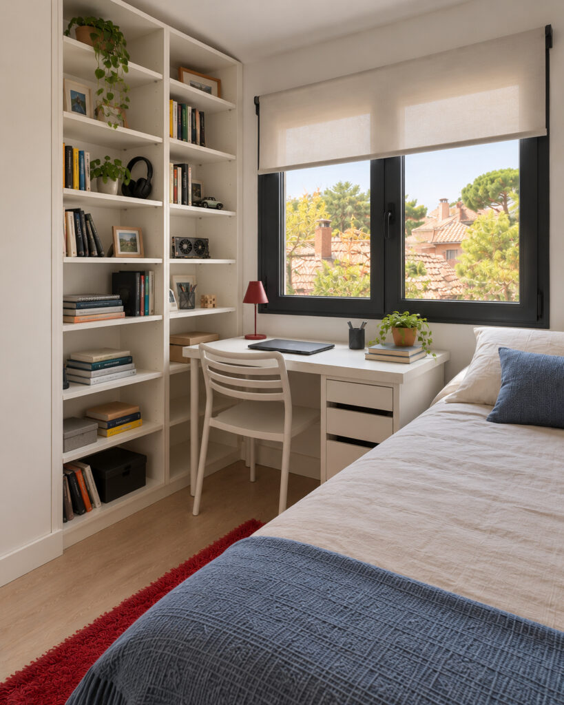 Dormitorio con librería y alfombra roja en la casa-estudio de Las Matas