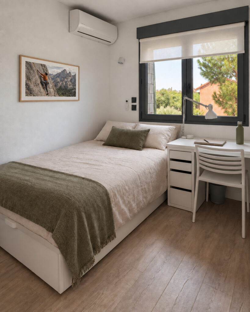 Dormitorio con escritorio blanco bajo la ventana en la casa-estudio de Las Matas