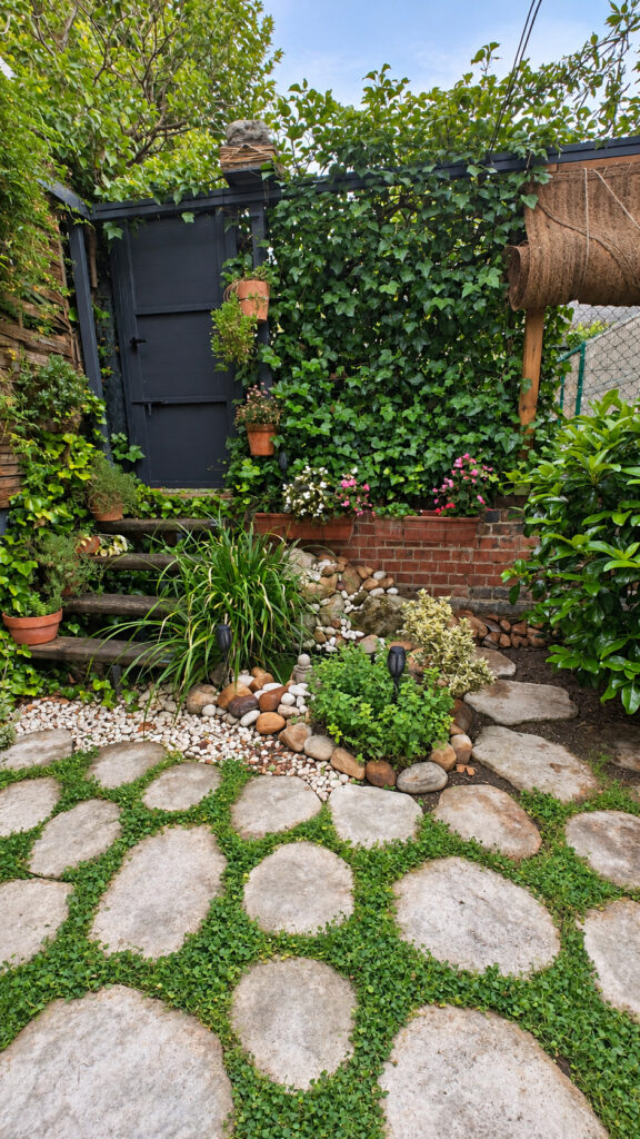 Jardín con escalones de piedra y pared vegetal en la casa-estudio de Las Matas